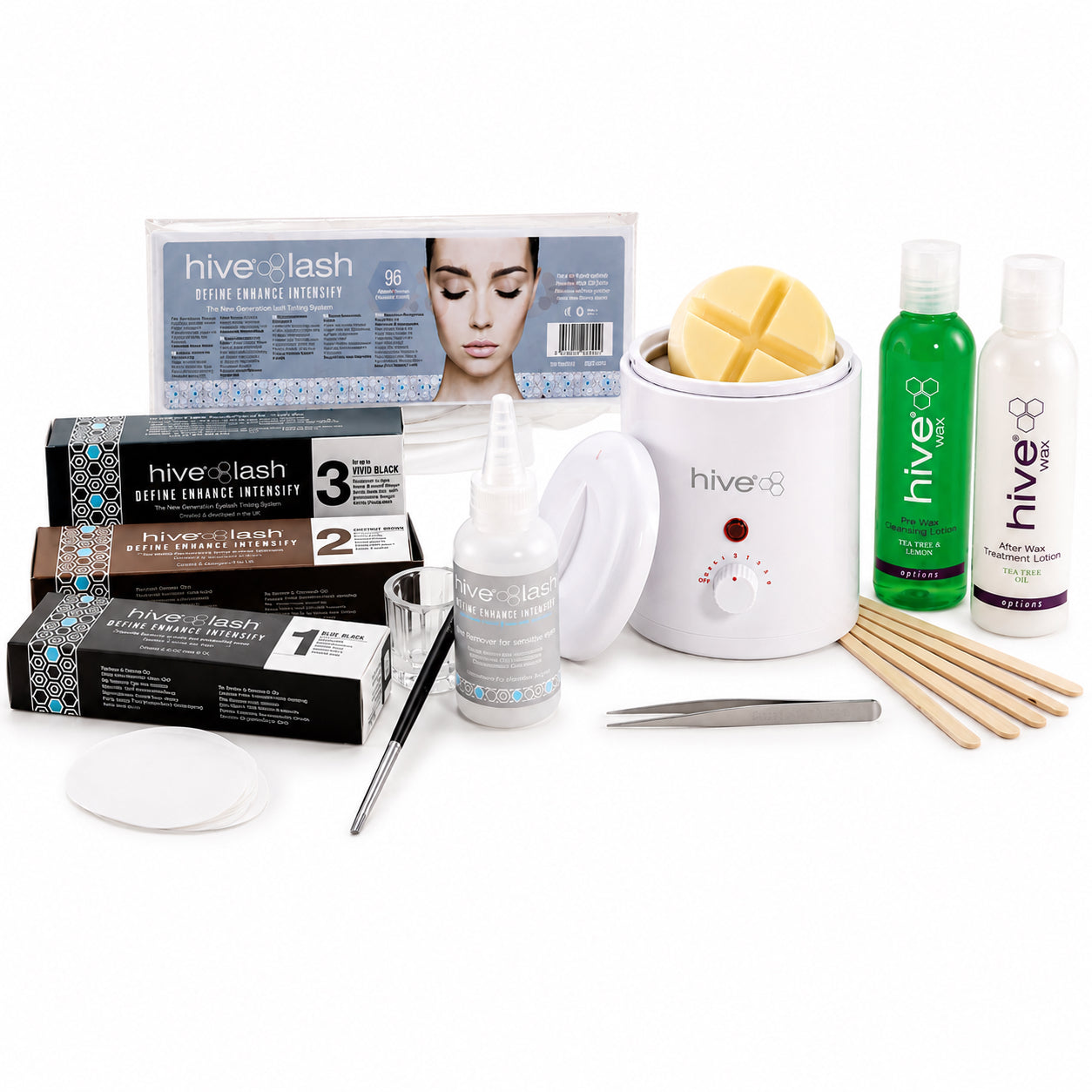 Brow wax and tint and lash tint training kit including hive wax heater, tinting products, wax, lotions, and professional tools.