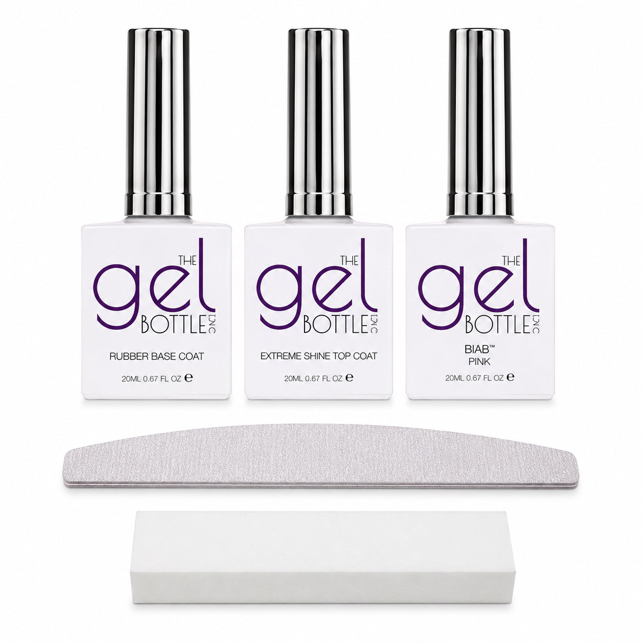 Builder Gel training kit including genuine The Gel Bottle Inc Rubber base coat, pink BIAB, Extreme shine top coat, nail file and buffer