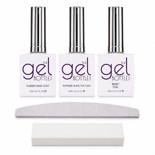 Builder Gel training kit including genuine The Gel Bottle Inc Rubber base coat, pink BIAB, Extreme shine top coat, nail file and buffer