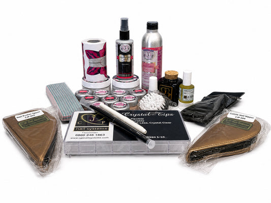 Complete CP Acrylic Nail kit including acrylic powders, monomer, prep spray, nail forms, crystal nail tips, acrylic brush, cuticle oil, monomer pot, files, dust brush, cuticle pusher, cuticle nippers, tip cutters, and professional nail accessories on a white background. 