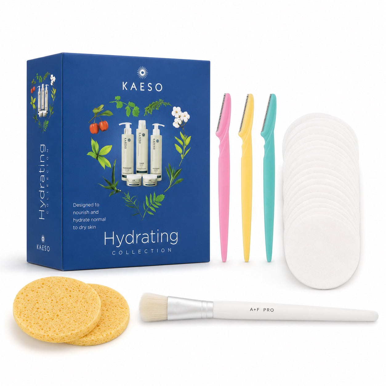 KAESO Hydrating Collection skincare set on a white background, including a blue box, two facial razors in pink and yellow, a teal razor, a stack of white pads, two yellow facial sponges, and a white mask brush.