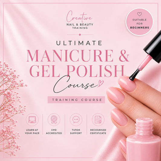 Promotional graphic for a manicure and gel polish course, featuring pink text on a satin pink background, a hand with pale pink manicured nails, a gel polish brush, and a bottle of pink gel polish. Text includes 'Creative Nail & Beauty Training', 'ULTIMATE MANICURE & GEL POLISH Course', and 'TRAINING COURSE'.