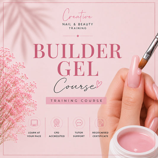 Promotional graphic for a 'Builder Gel Course' nail training program. The design features a soft pink background with a hand showing a glossy pink manicure on the right, holding a gel nail brush, and a small pot of pink gel on the bottom right.