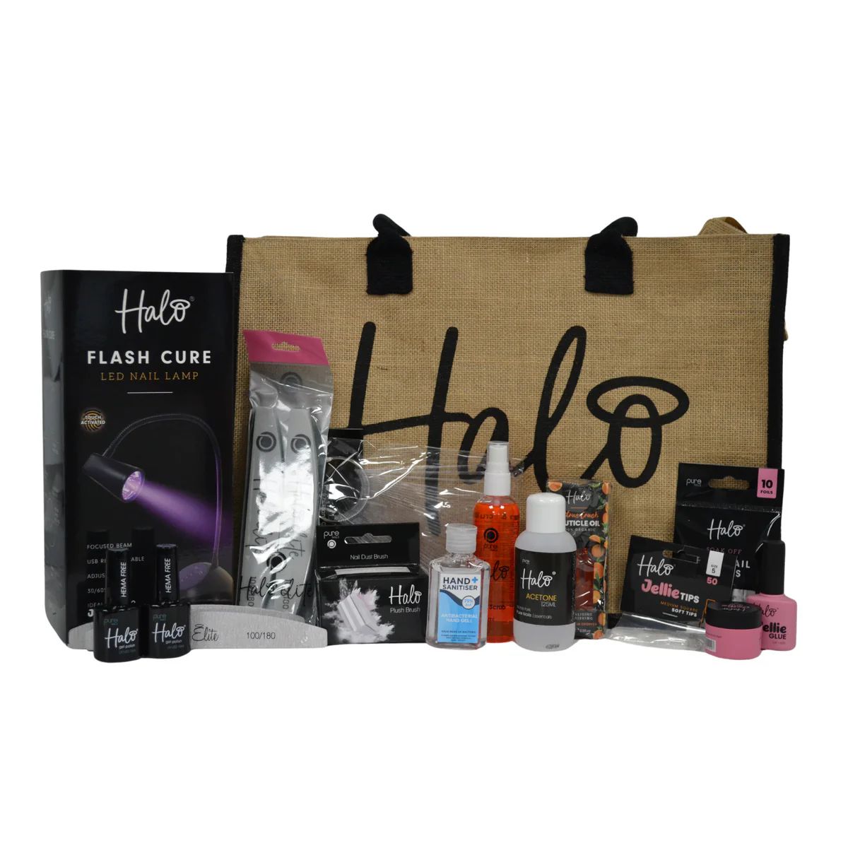 Halo- Full cover tip builder gel kit (jellie tips) with flash cure lamp